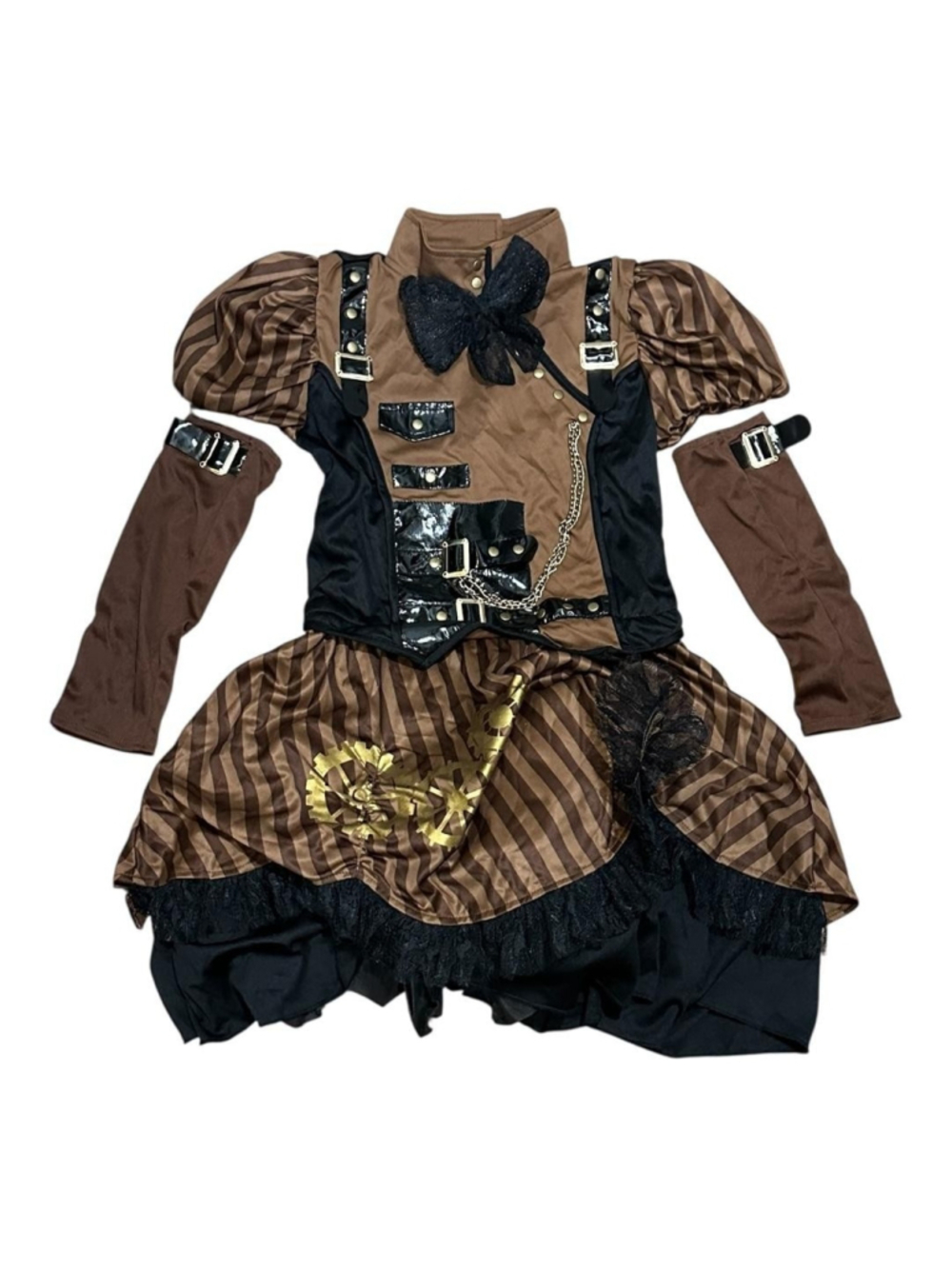 Steampunk Costume Dress Girls 14-16 Brown Stripe Puff Sleeve Halloween Party